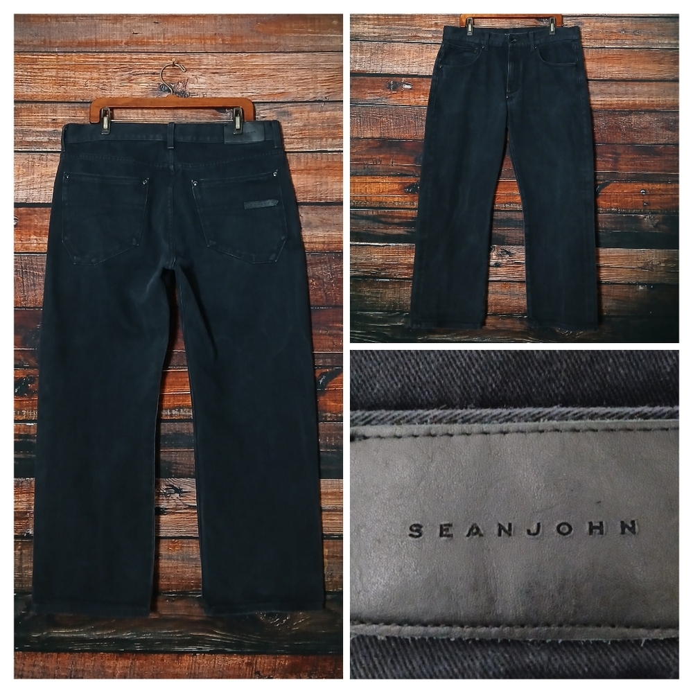 Sean John Jeans Mens 37X29 Hamilton Relaxed Straight Black Denim 100% Cotton